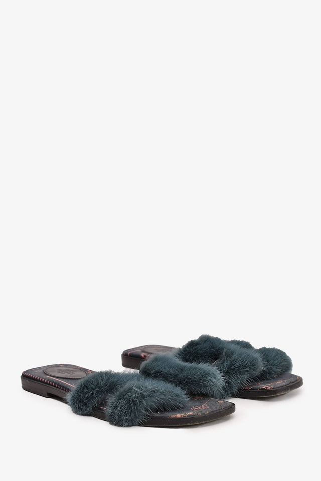 Hermes Green Mink Fur Oran Sandals Size 37 (As Is)
