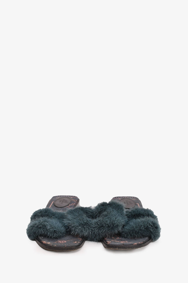 Hermes Green Mink Fur Oran Sandals Size 37 (As Is)