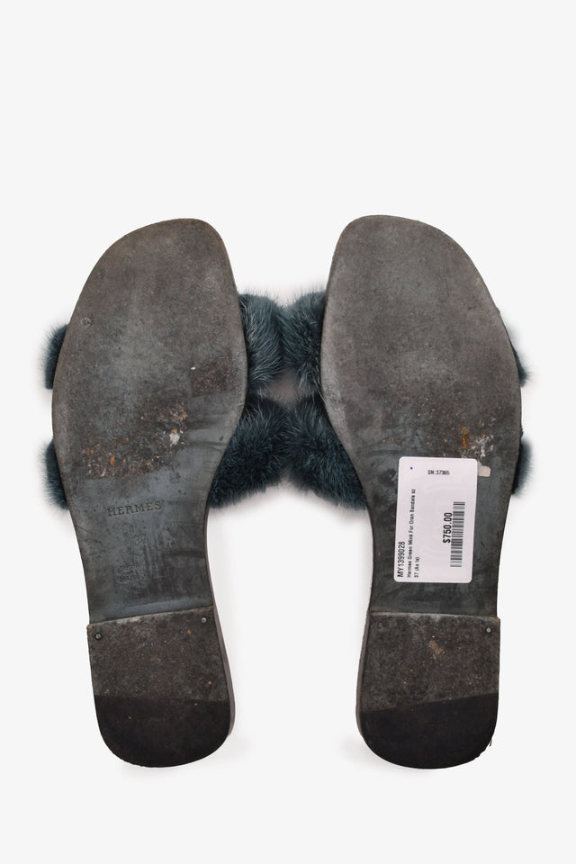 Hermes Green Mink Fur Oran Sandals Size 37 (As Is)