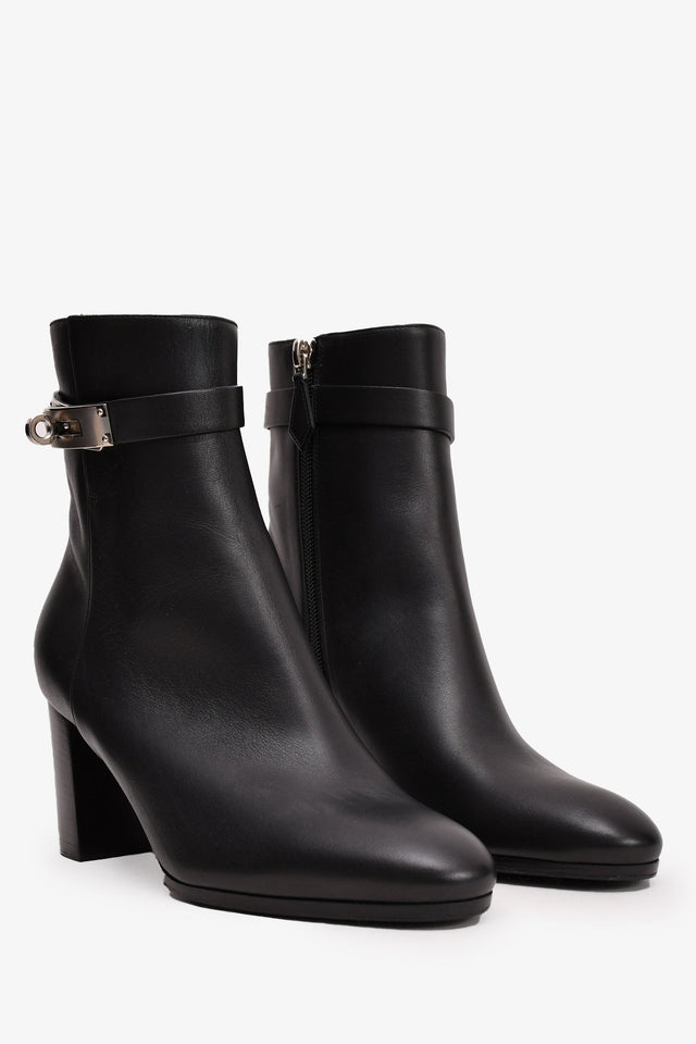 Hermes Black Leather Saint Germain Heeled Ankle Boots with Kelly Lock Size 37