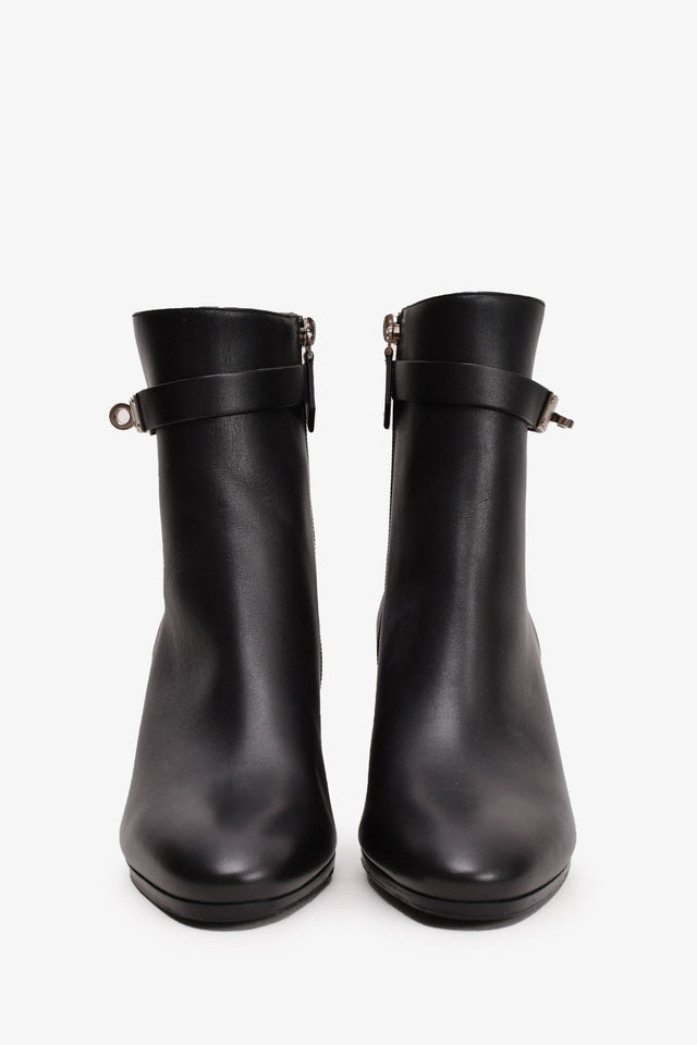 Hermes Black Leather Saint Germain Heeled Ankle Boots with Kelly Lock Size 37