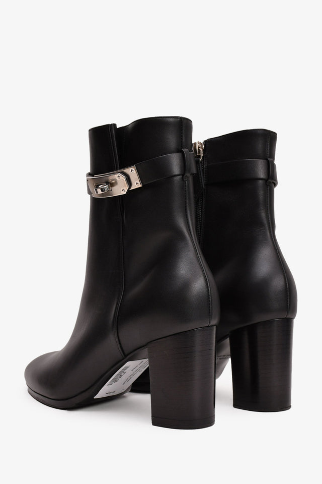 Hermes Black Leather Saint Germain Heeled Ankle Boots with Kelly Lock Size 37