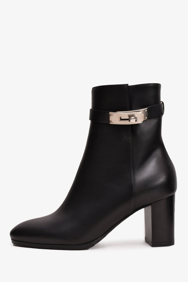 Hermes Black Leather Saint Germain Heeled Ankle Boots with Kelly Lock Size 37