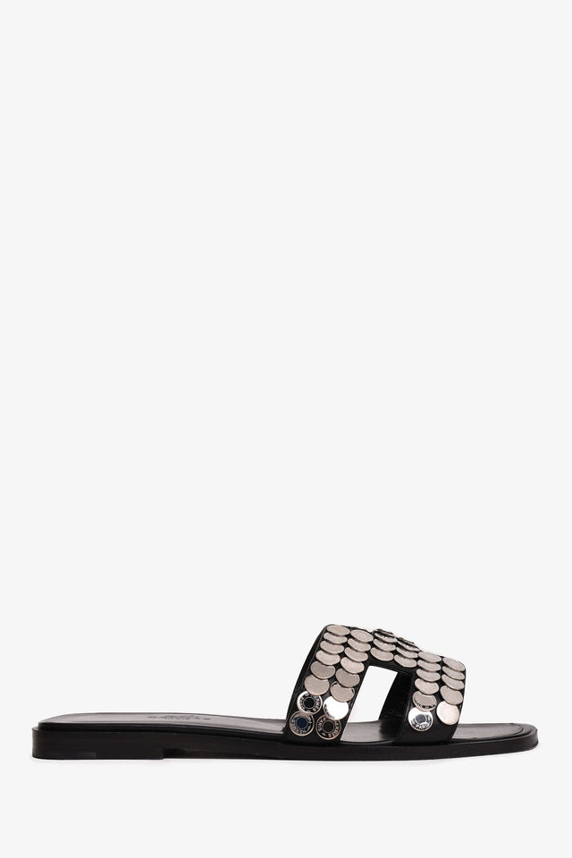 Hermes Black/Silver Clou de Selle Oran Sandals Size 36