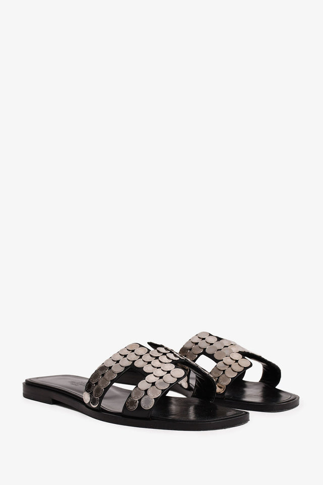 Hermes Black/Silver Clou de Selle Oran Sandals Size 36