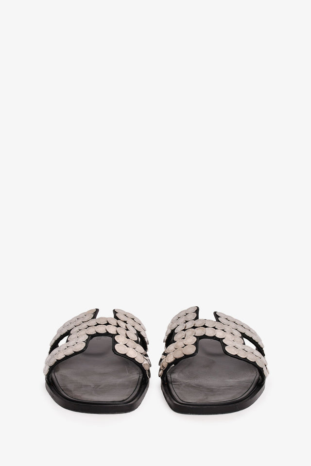 Hermes Black/Silver Clou de Selle Oran Sandals Size 36