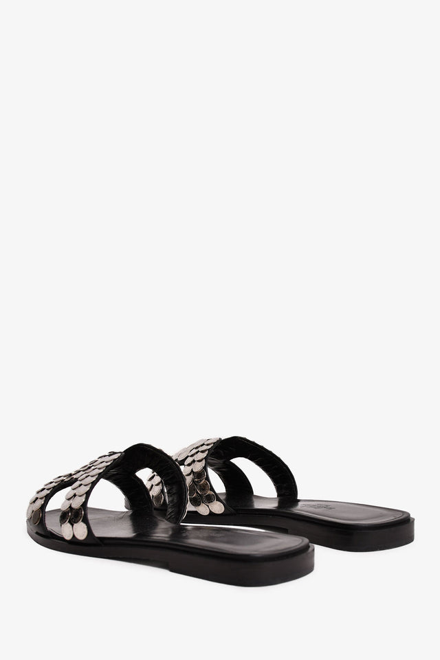 Hermes Black/Silver Clou de Selle Oran Sandals Size 36