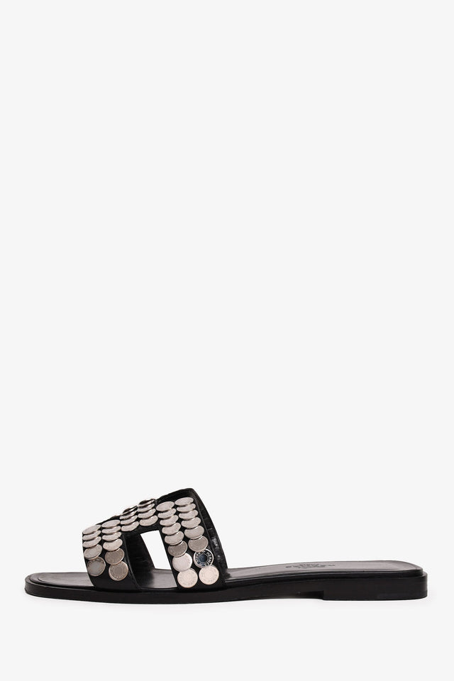 Hermes Black/Silver Clou de Selle Oran Sandals Size 36