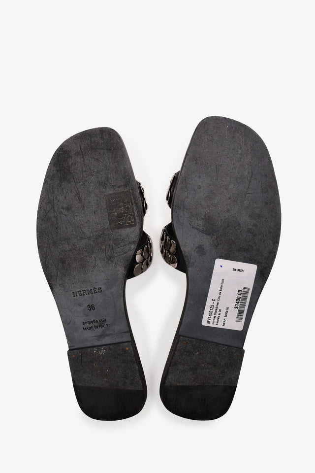 Hermes Black/Silver Clou de Selle Oran Sandals Size 36