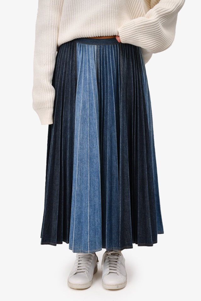 Christian Dior 2021 Two Toned Pleated Denim Midi Skirt Size 40