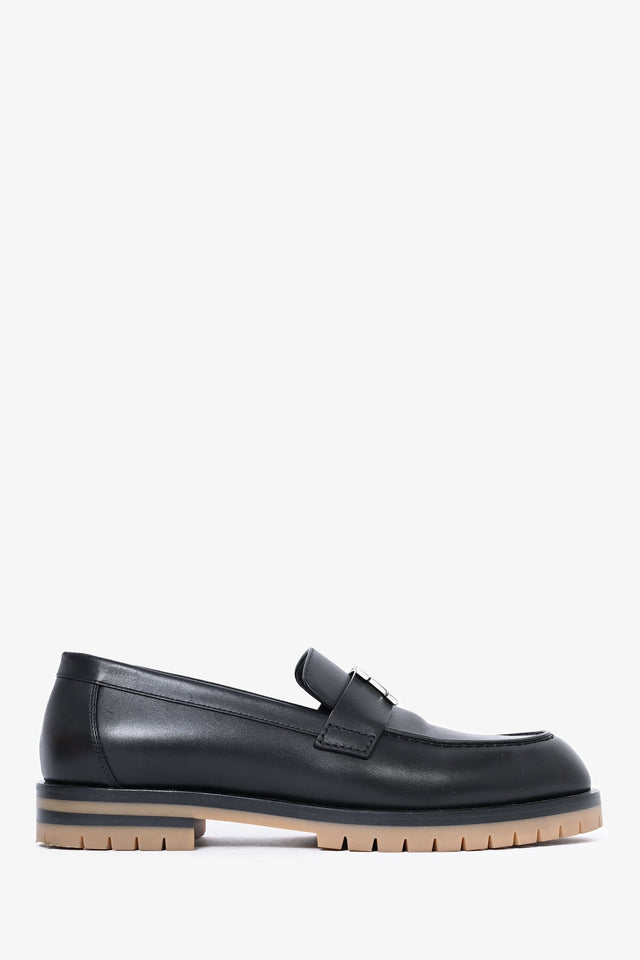 Hermes Black Leather Chunky H Loafers Size 37