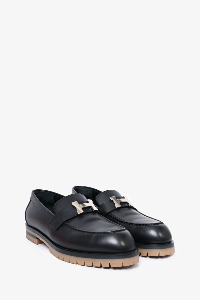 Hermes Black Leather Chunky H Loafers Size 37