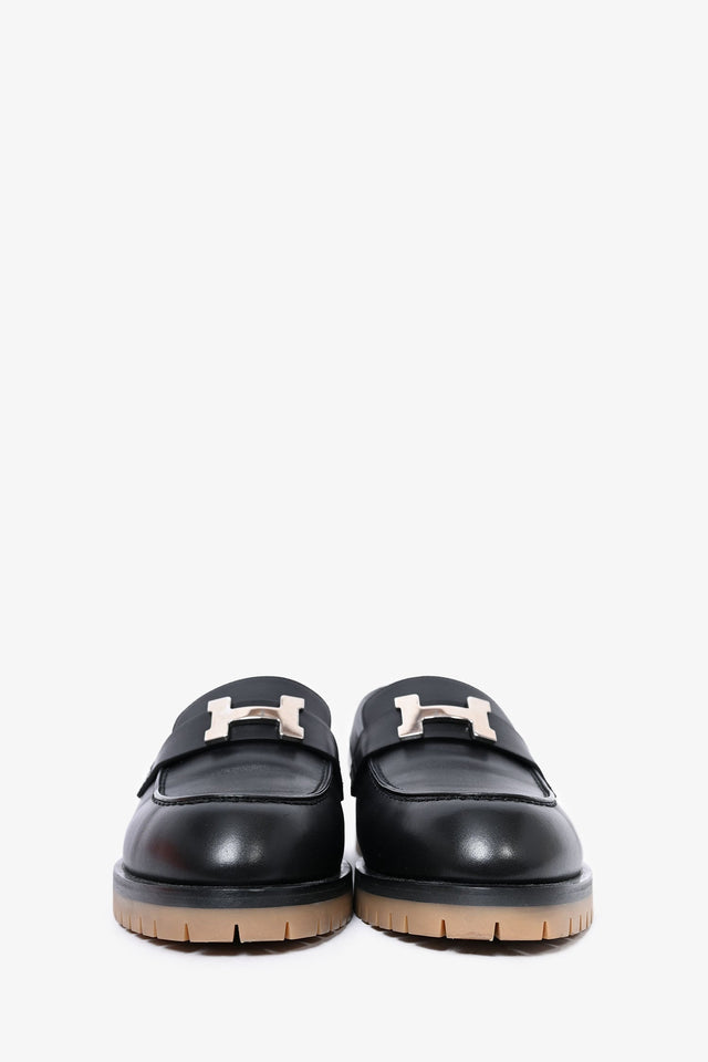 Hermes Black Leather Chunky H Loafers Size 37
