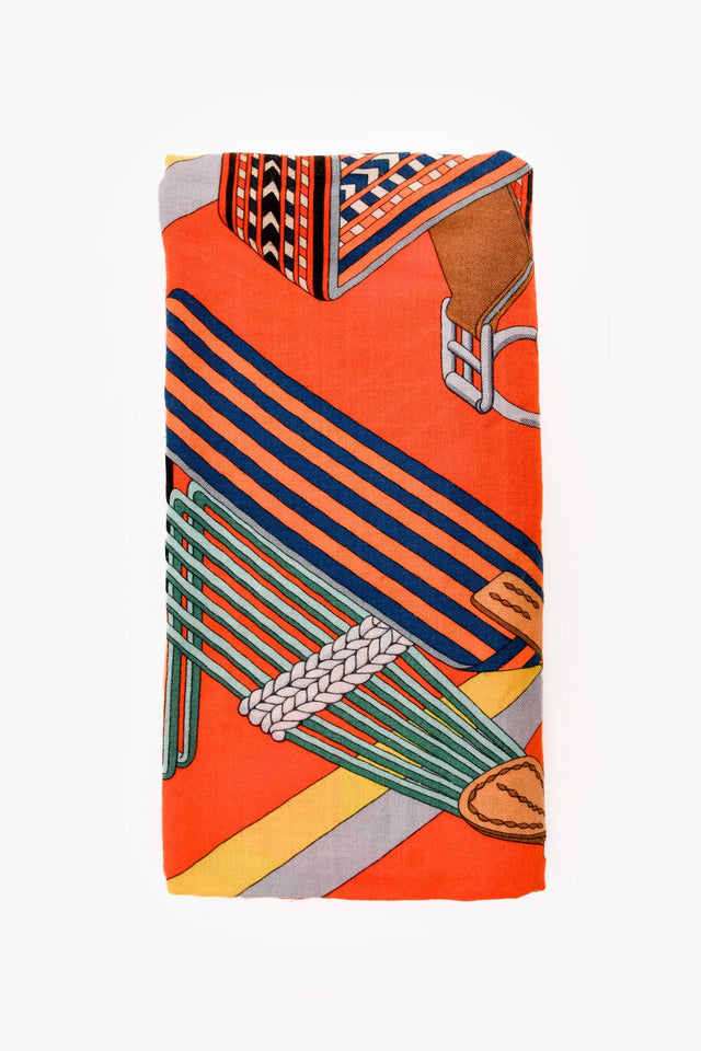 Hermes Orange Multicolour Cashmere/SIlk 'Sangles En Zigzag' 140cm Scarf
