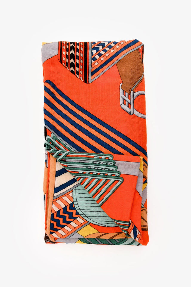 Hermes Orange Multicolour Cashmere/SIlk 'Sangles En Zigzag' 140cm Scarf