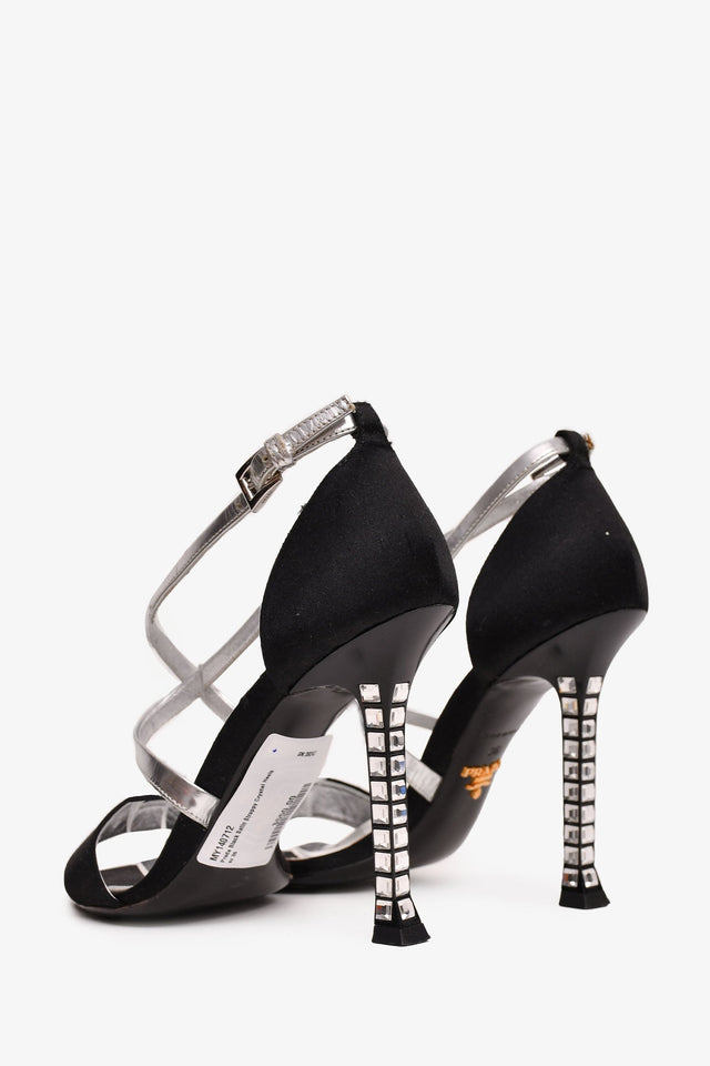 Prada Black Satin Strappy Crystal Heels Size 36