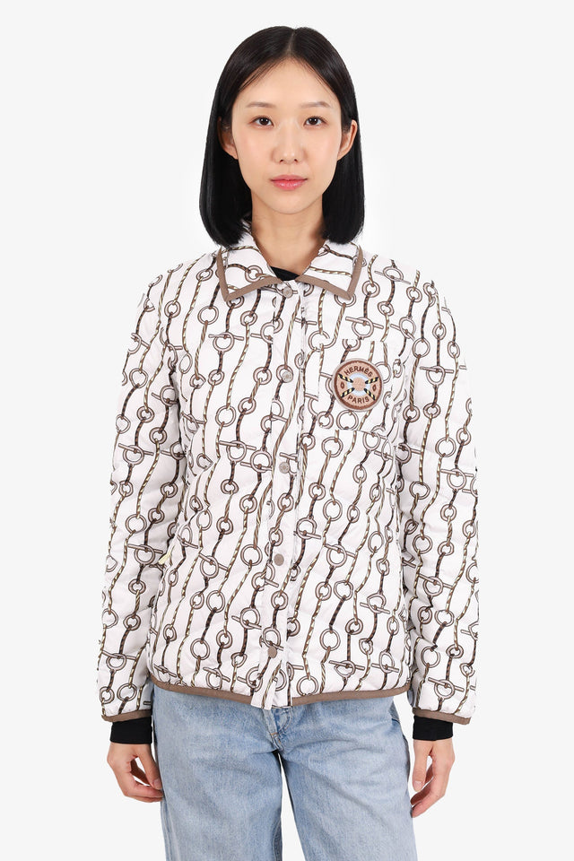 Hermes 2023 Runway White Horsebit Print Puffer Jacket Size 40