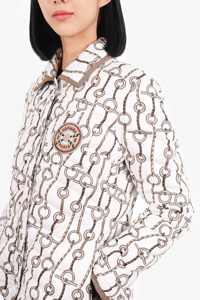 Hermes 2023 Runway White Horsebit Print Puffer Jacket Size 40