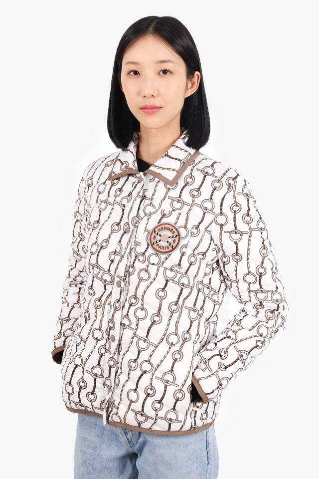 Hermes 2023 Runway White Horsebit Print Puffer Jacket Size 40