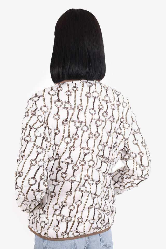 Hermes 2023 Runway White Horsebit Print Puffer Jacket Size 40