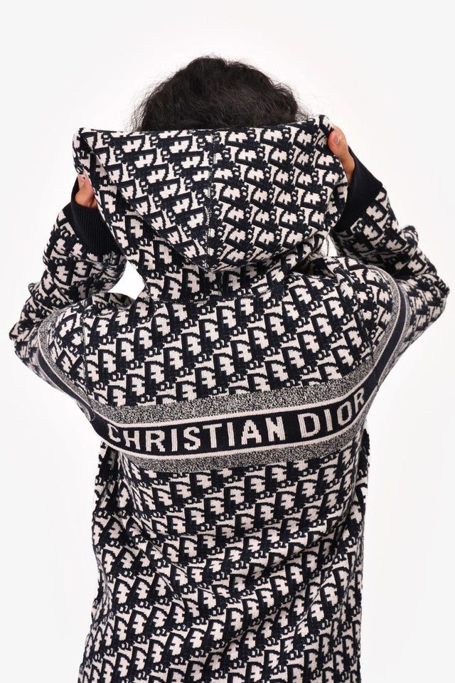 Christian Dior Blue Oblique Cashmere Reversible Zip Hooded Sweater Estimated Size S