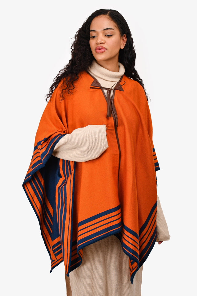 Louis Vuitton Orange/Navy Cashmere Leather Tassle Poncho Size O/S