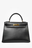 Hermes 1999 Box Leather Kelly 28 Top Handle with Strap