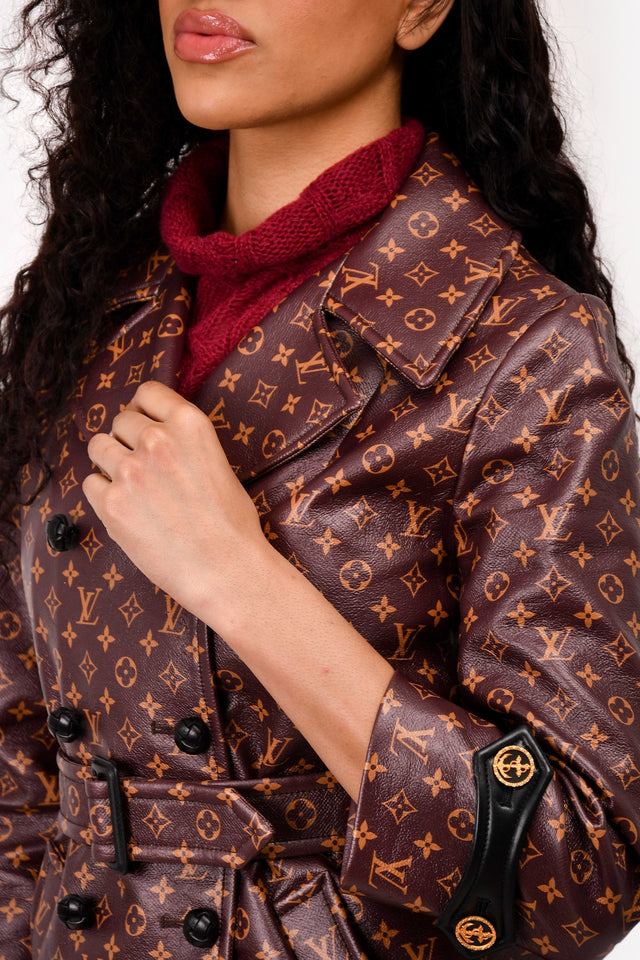 Louis Vuitton Brown Leather Monogram Trench Coat Size 36 with Belt