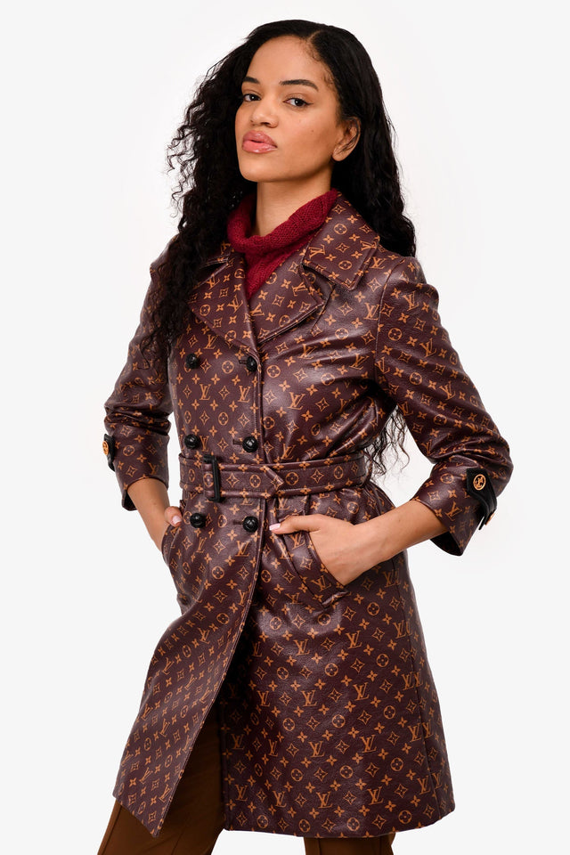 Louis Vuitton Brown Leather Monogram Trench Coat Size 36 with Belt