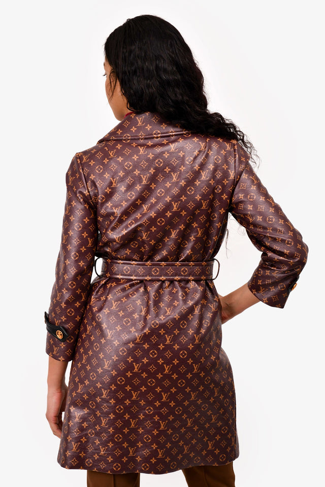 Louis Vuitton Brown Leather Monogram Trench Coat Size 36 with Belt