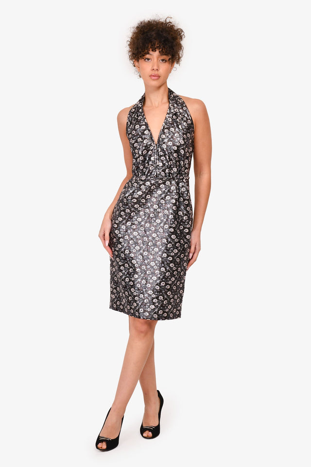 Prada Black Metallic Floral Halter Mini Dress Size 40