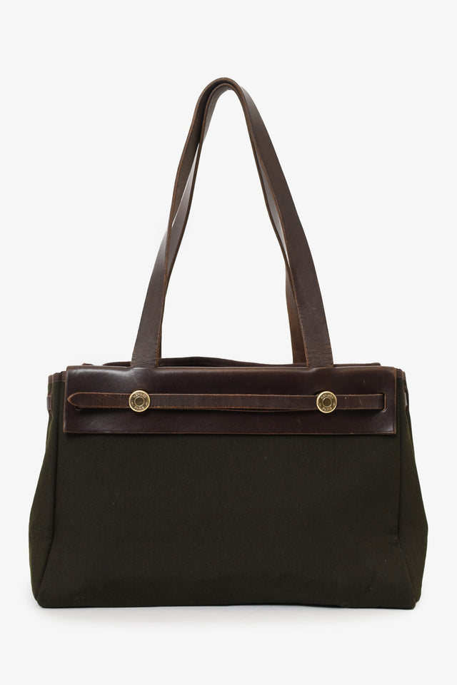 Hermes 2003 Brown/Green Leather/Canvas Changeable Vibrato Herbag PM