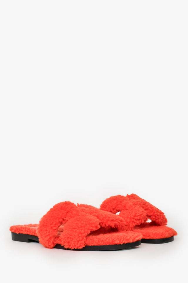 Hermes Orange Shearling/Leather Oran Sandals Size 35.5