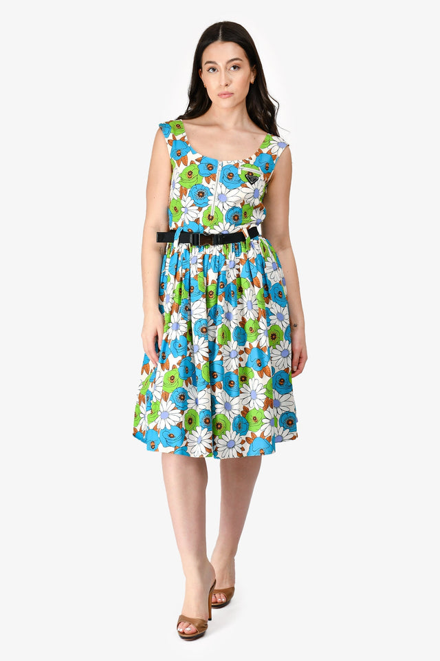 Prada 2024 White/Green/Blue Cotton Floral Triangle Pocket Belted Dress Size 40