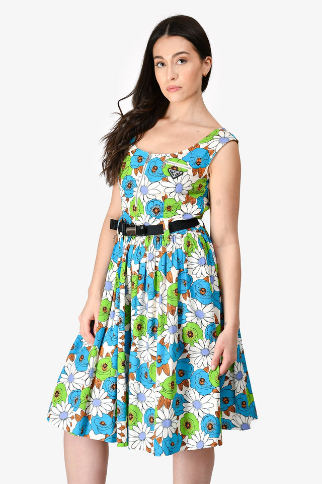 Prada 2024 White/Green/Blue Cotton Floral Triangle Pocket Belted Dress Size 40
