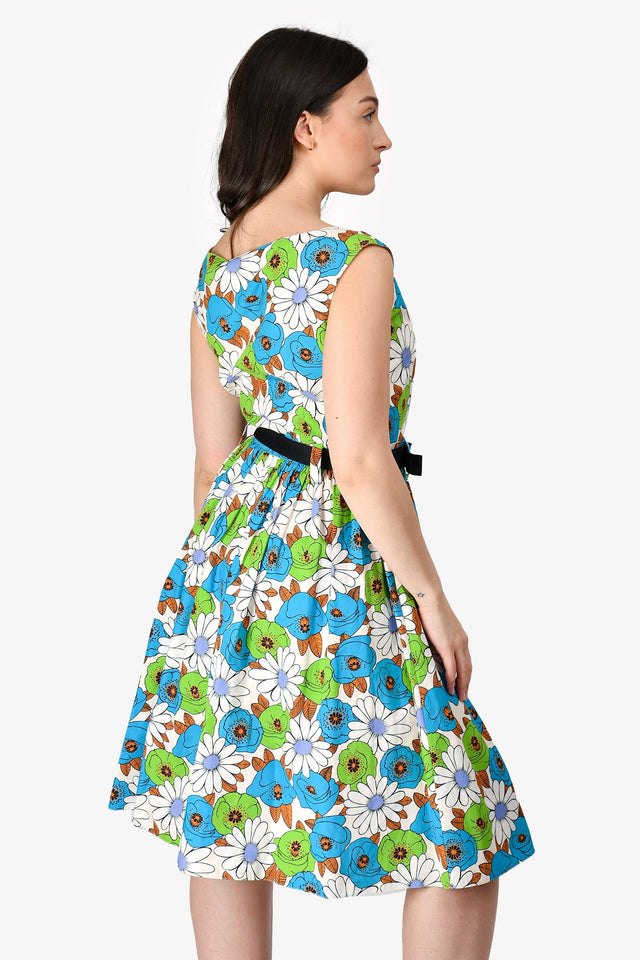 Prada 2024 White/Green/Blue Cotton Floral Triangle Pocket Belted Dress Size 40
