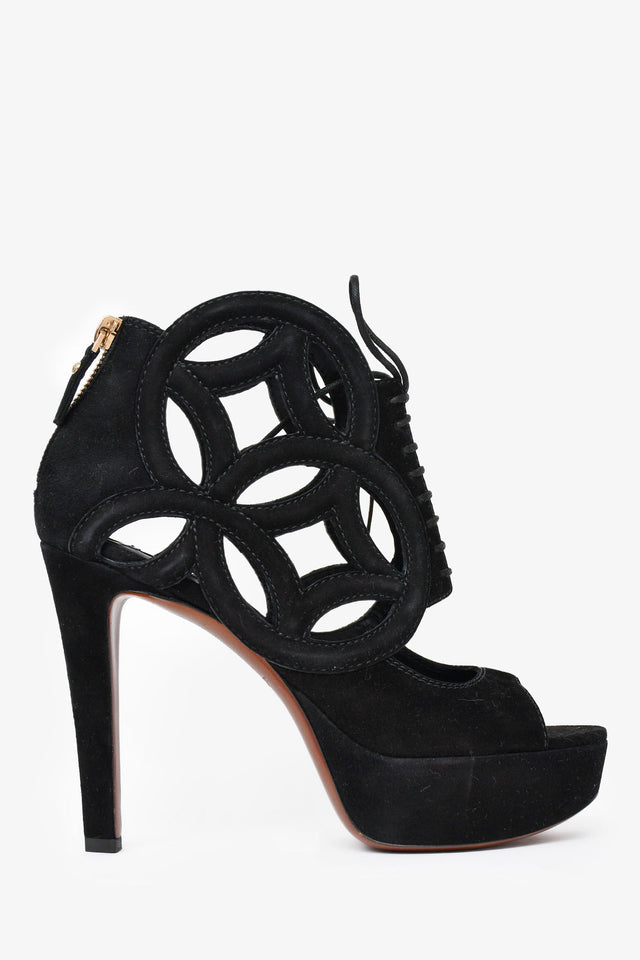 Louis Vuitton Black Suede Leather Cur Out Detail Peep Toe Heels Size 36.5