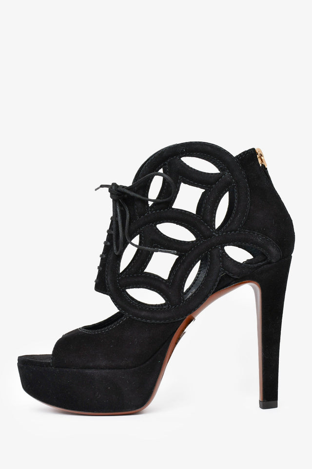 Louis Vuitton Black Suede Leather Cur Out Detail Peep Toe Heels Size 36.5