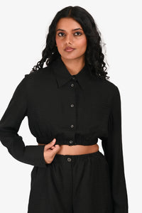 Prada 2022 Black Jacquard Logo Silk Cropped Button-Up Top (Size 40) + Shorts (Size 36) Set