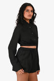 Prada 2022 Black Jacquard Logo Silk Cropped Button-Up Top (Size 40) + Shorts (Size 36) Set