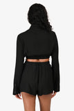 Prada 2022 Black Jacquard Logo Silk Cropped Button-Up Top (Size 40) + Shorts (Size 36) Set
