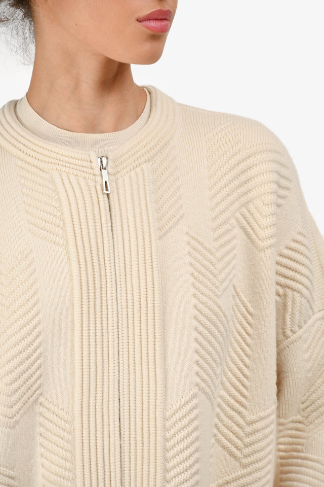 Hermes 2023 Cream Wool Knit Zip-Up Coat Size 34