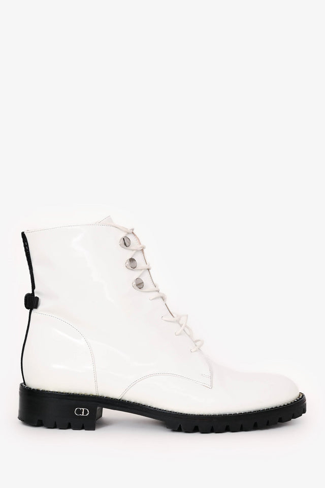 Christian Dior White Leather Crystal-Trimmed CD Combat Boots Size 37