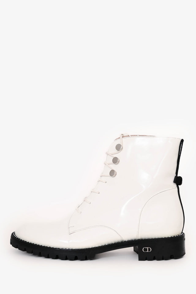 Christian Dior White Leather Crystal-Trimmed CD Combat Boots Size 37