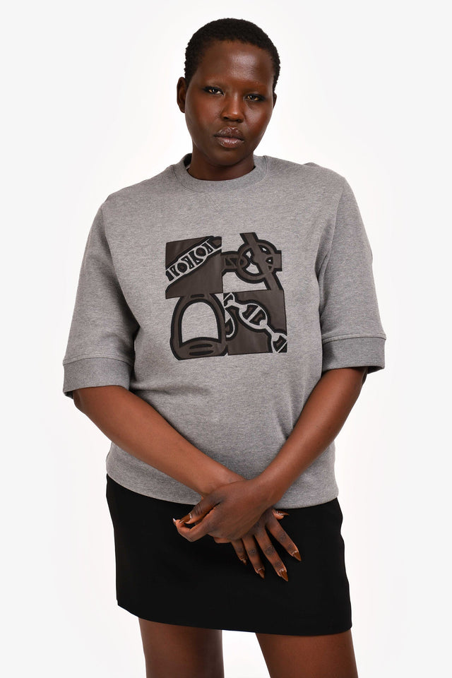 Hermes Grey/Brown Leather Embroidered "Metallerie au Carre" Short Sleeves Sweatshirt Size XL Mens