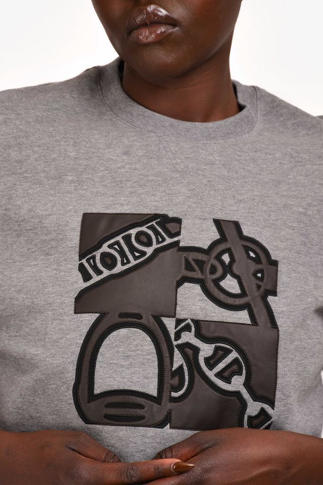 Hermes Grey/Brown Leather Embroidered "Metallerie au Carre" Short Sleeves Sweatshirt Size XL Mens