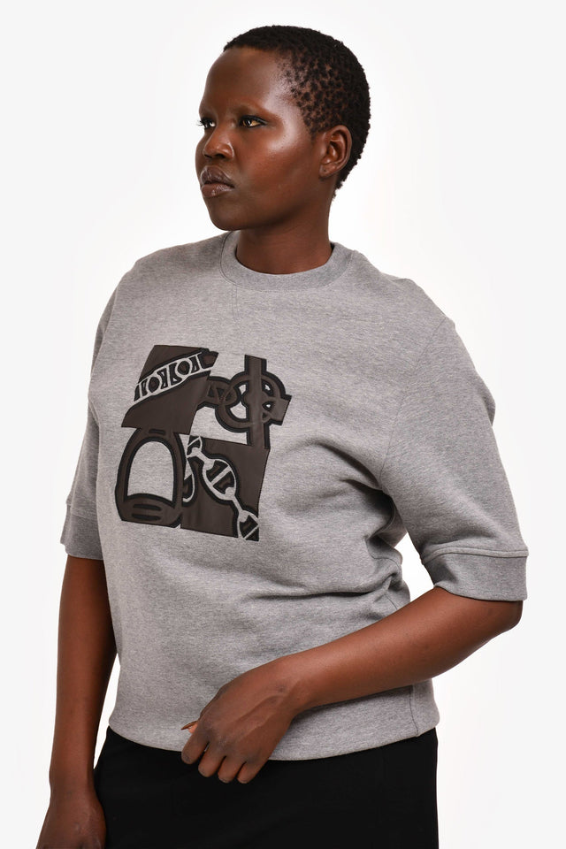 Hermes Grey/Brown Leather Embroidered "Metallerie au Carre" Short Sleeves Sweatshirt Size XL Mens