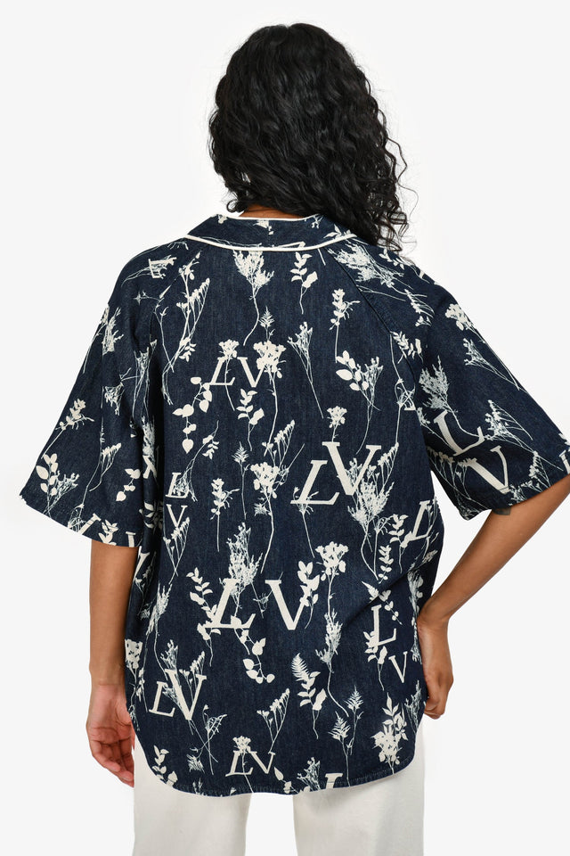Louis Vuitton 2020 Blue Denim/White LV Leaf Printed Baseball Shirt Size M Mens