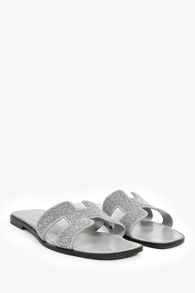 Hermes Silver Glitter Oran Sandals Size 40.5