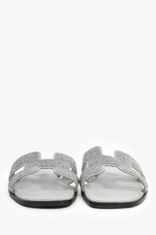 Hermes Silver Glitter Oran Sandals Size 40.5